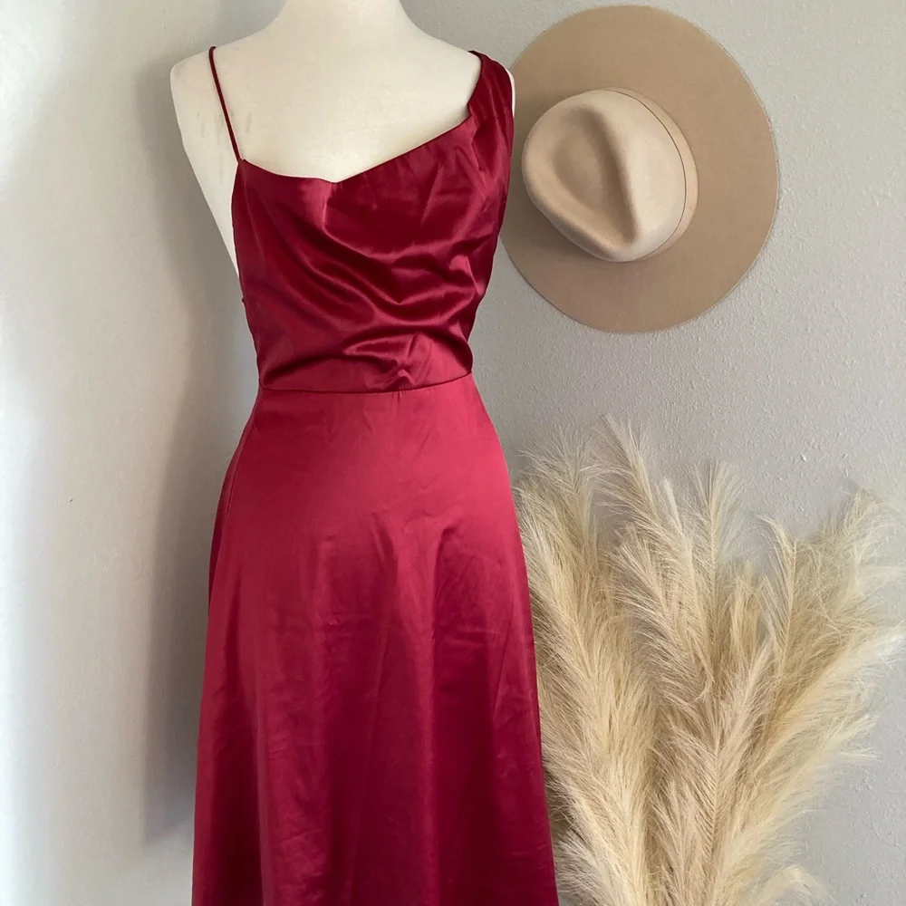 ❤️LULUSWine Sereno Cowl Neck Satin Midi Dress - Picture 9 of 11